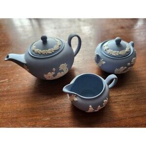 Wedgwood Miniature Tea Set 1:12 Scale Blue Jasperware Dollhouse No Box